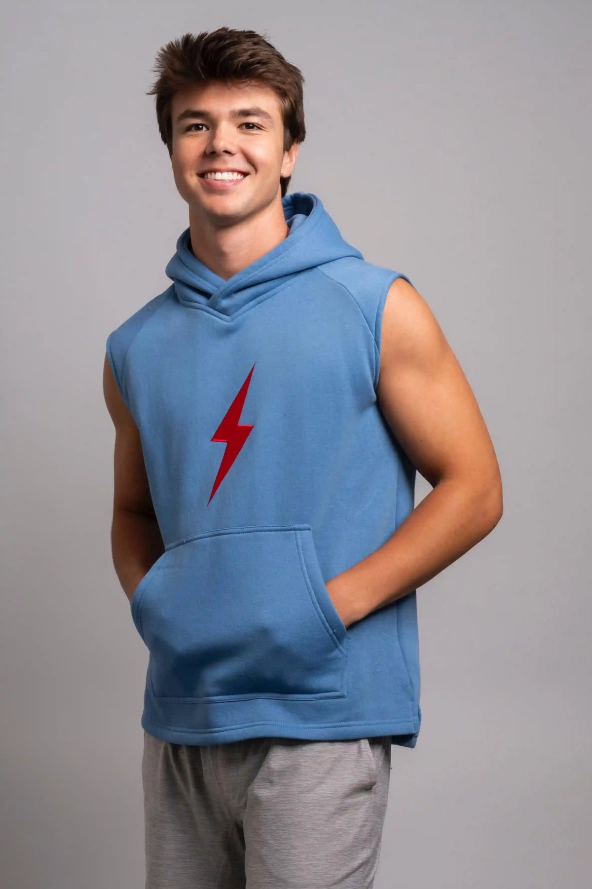 BOLT Sleeveless Hoodie - Baby Blue/Red Bolt
